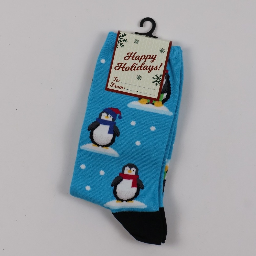 Socksmith Penguin Graphic Crew Socks Blue Holiday Winter One Size NWT